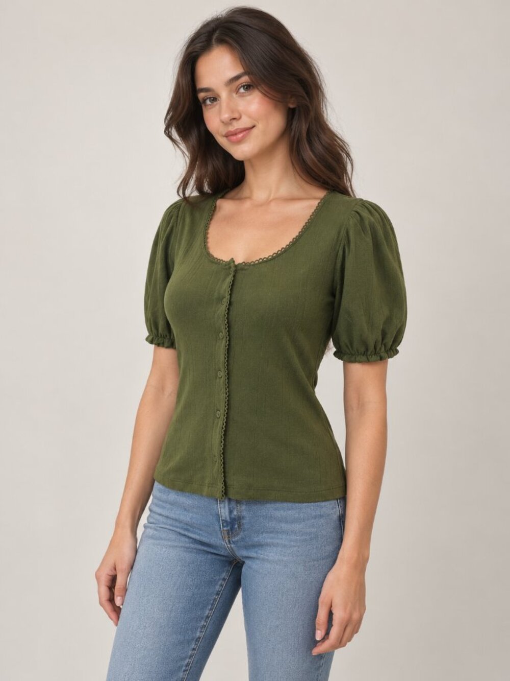 New Time and Tru XS Green Ivy Pointelle Puff Sleeve Ribbed Knit Top